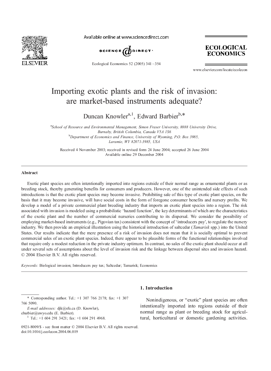 Importing exotic plants and the risk of invasion: are market-based instruments adequate?