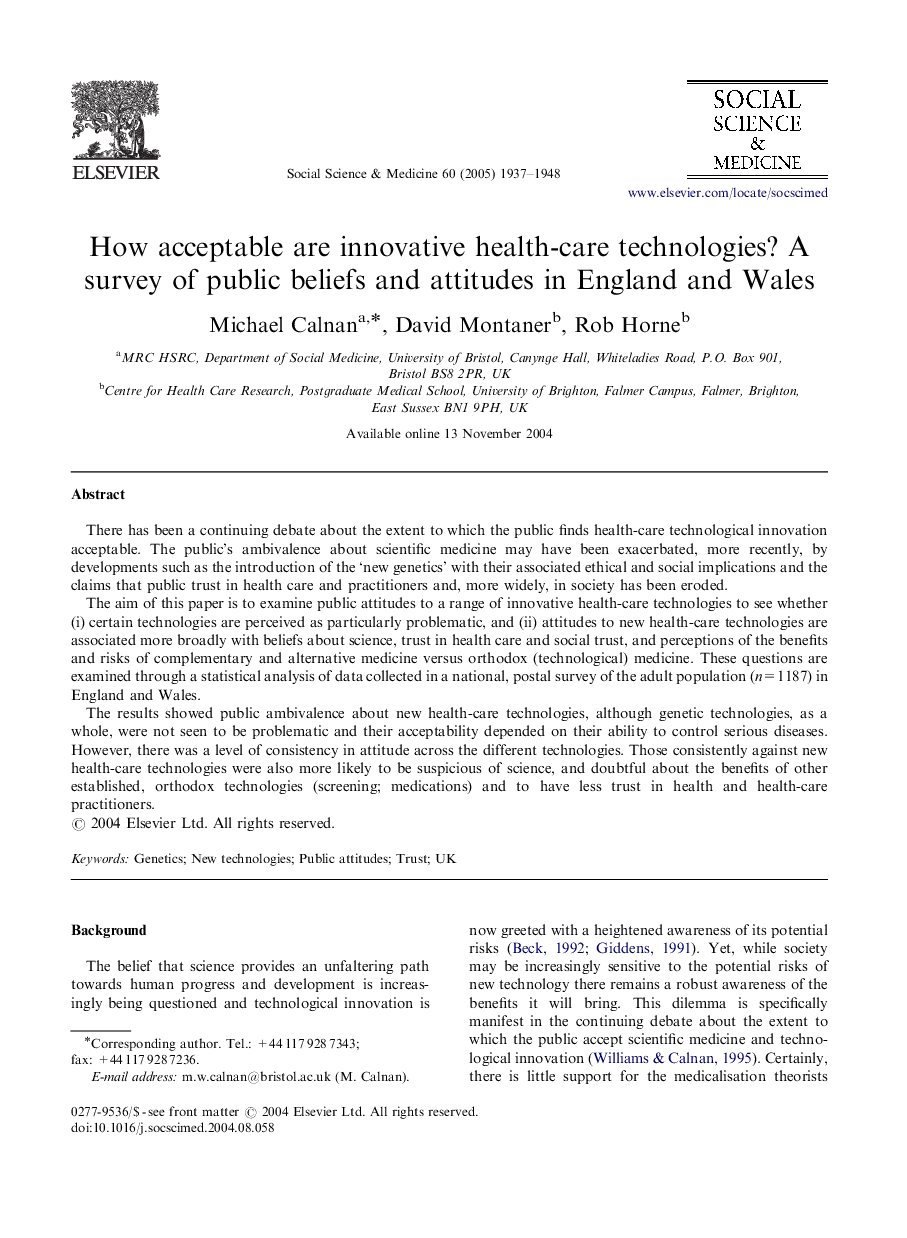 How acceptable are innovative health-care technologies? A survey of public beliefs and attitudes in England and Wales