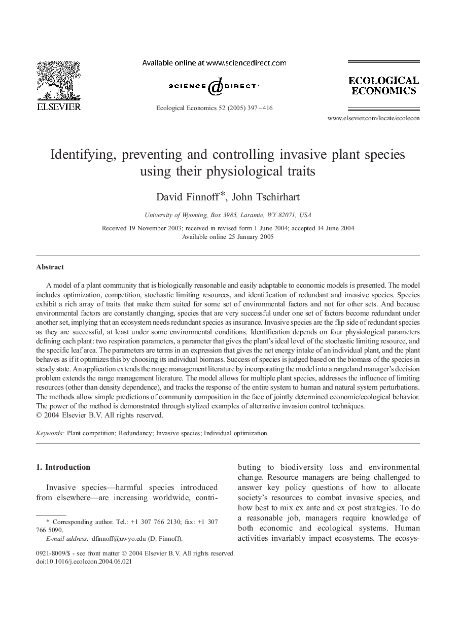 Identifying, preventing and controlling invasive plant species using their physiological traits