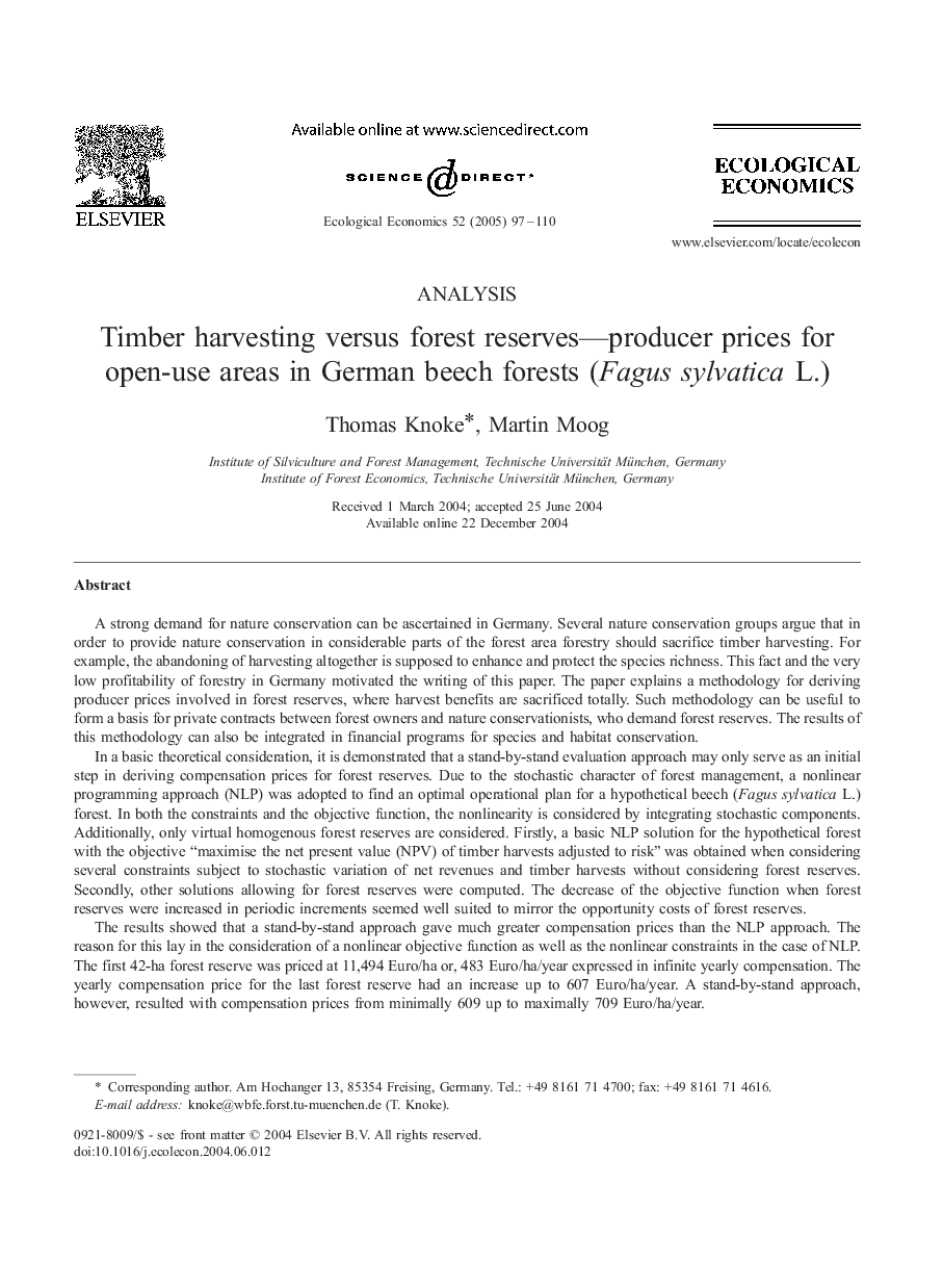 Timber harvesting versus forest reserves-producer prices for open-use areas in German beech forests (Fagus sylvatica L.)