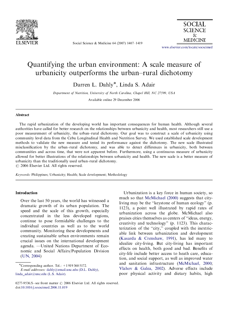 Quantifying the urban environment: A scale measure of urbanicity outperforms the urban–rural dichotomy