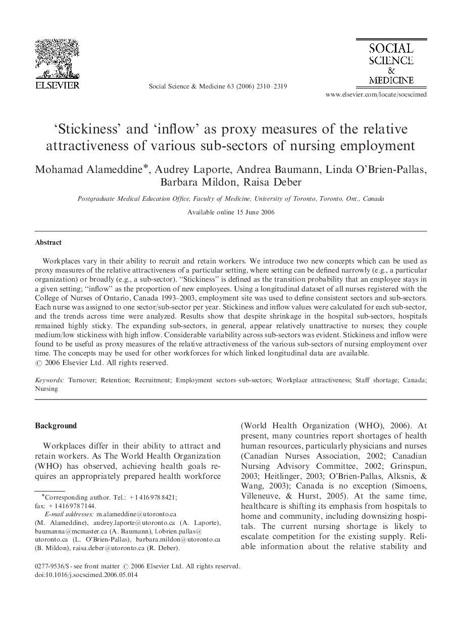 ‘Stickiness’ and ‘inflow’ as proxy measures of the relative attractiveness of various sub-sectors of nursing employment