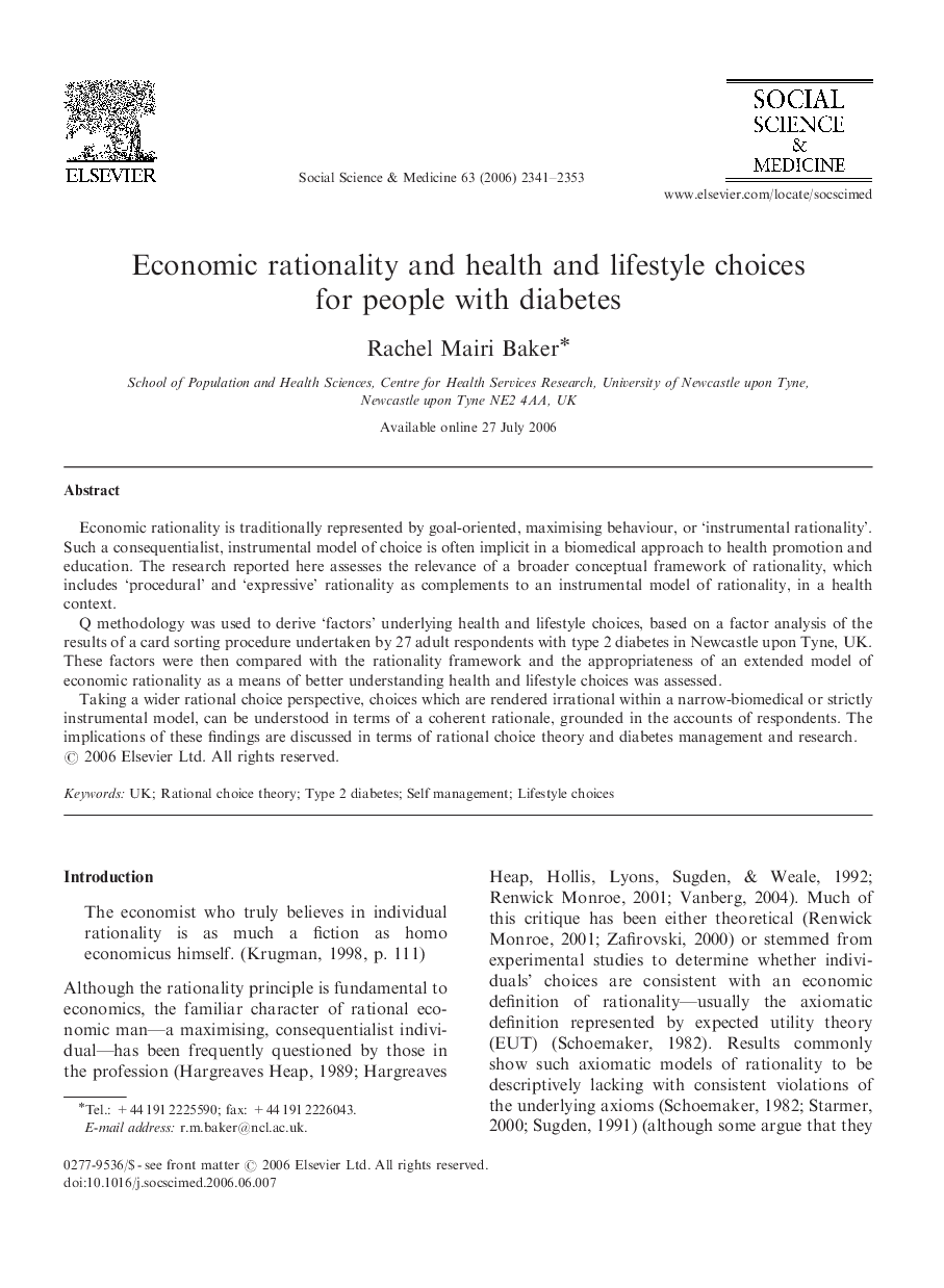 عکس صفحه اول مقاله: Economic rationality and health and lifestyle choices for people with diabetes Economic rationality and health and lifestyle choices for people with diabetes