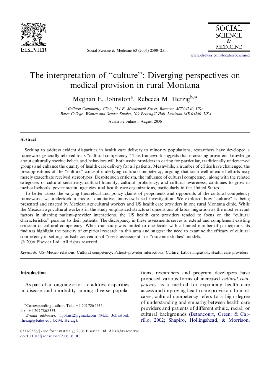 The interpretation of “culture”: Diverging perspectives on medical provision in rural Montana