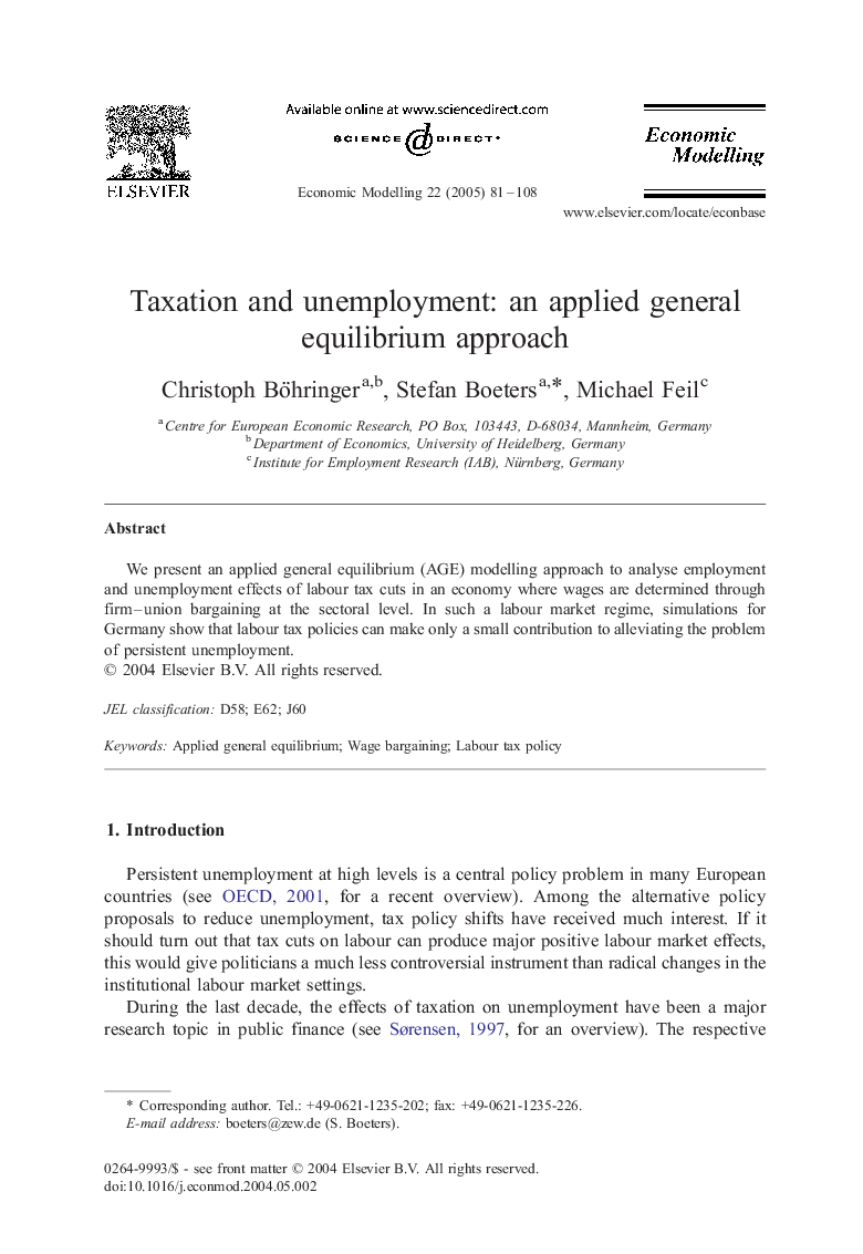 Taxation and unemployment: an applied general equilibrium approach