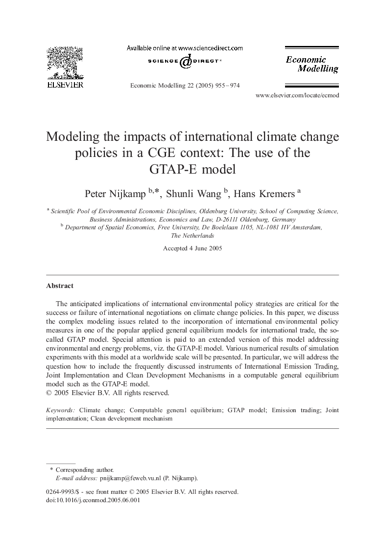 Modeling the impacts of international climate change policies in a CGE context: The use of the GTAP-E model