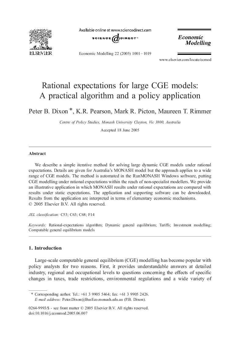 Rational expectations for large CGE models: A practical algorithm and a policy application