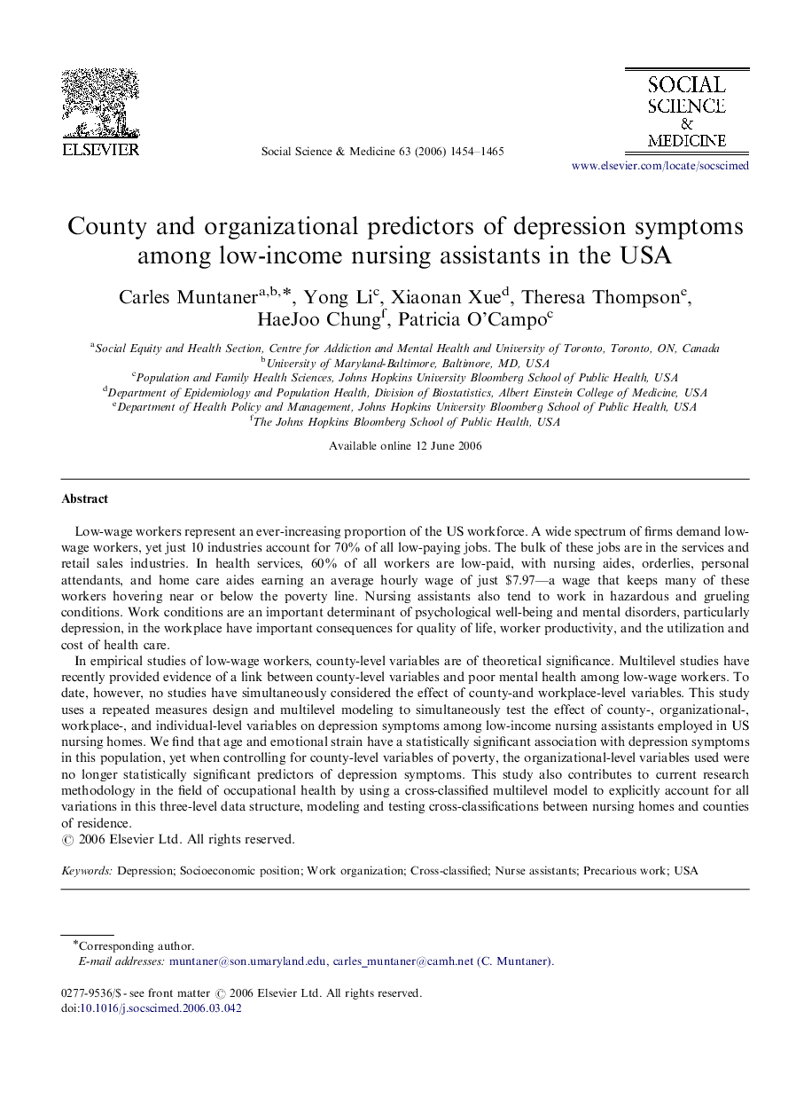 County and organizational predictors of depression symptoms among low-income nursing assistants in the USA