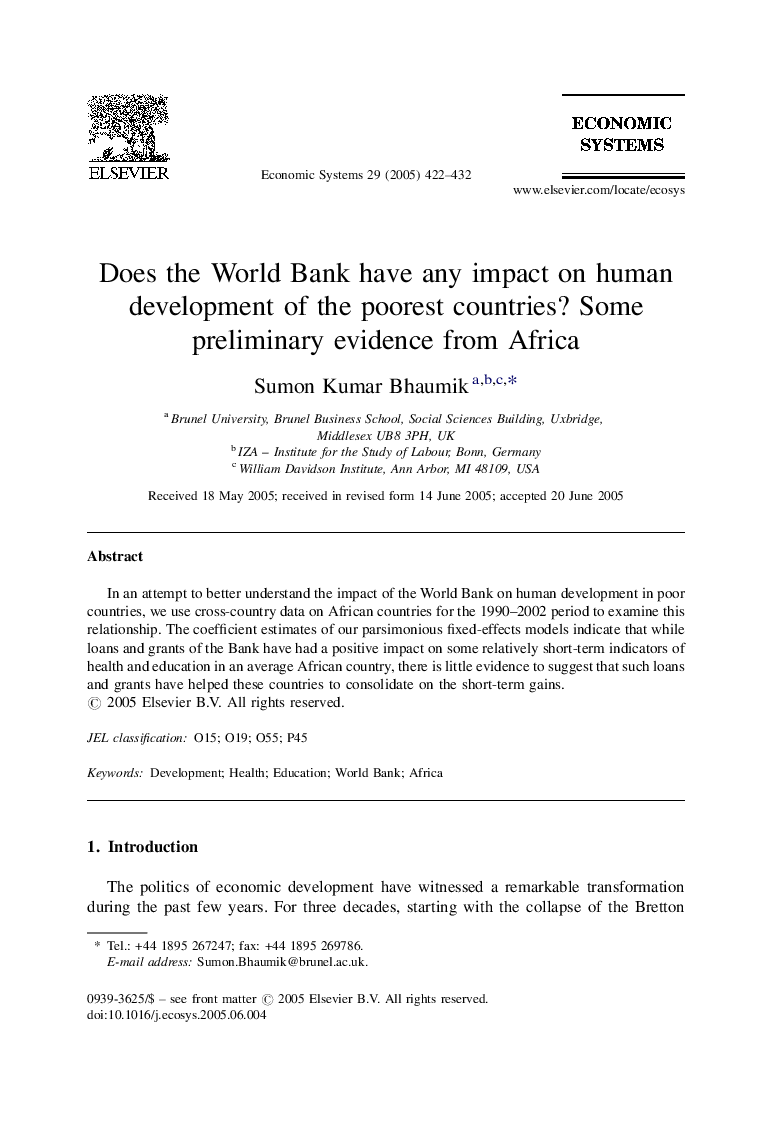 Does the World Bank have any impact on human development of the poorest countries? Some preliminary evidence from Africa