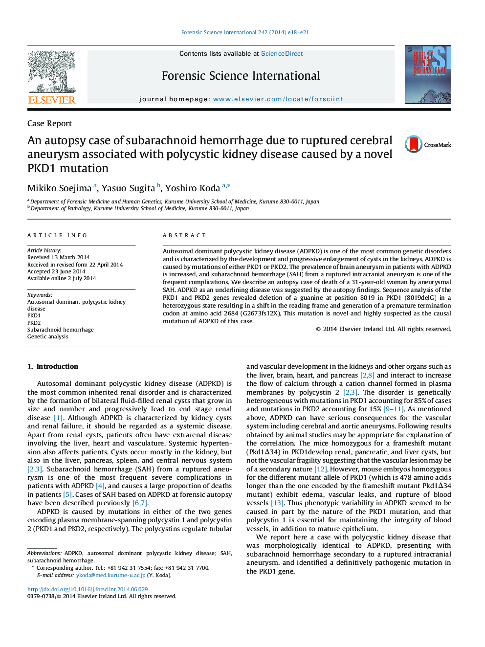 An autopsy case of subarachnoid hemorrhage due to ruptured cerebral aneurysm associated with polycystic kidney disease caused by a novel PKD1 mutation