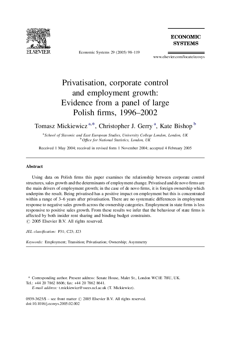 Privatisation, corporate control and employment growth: Evidence from a panel of large Polish firms, 1996-2002