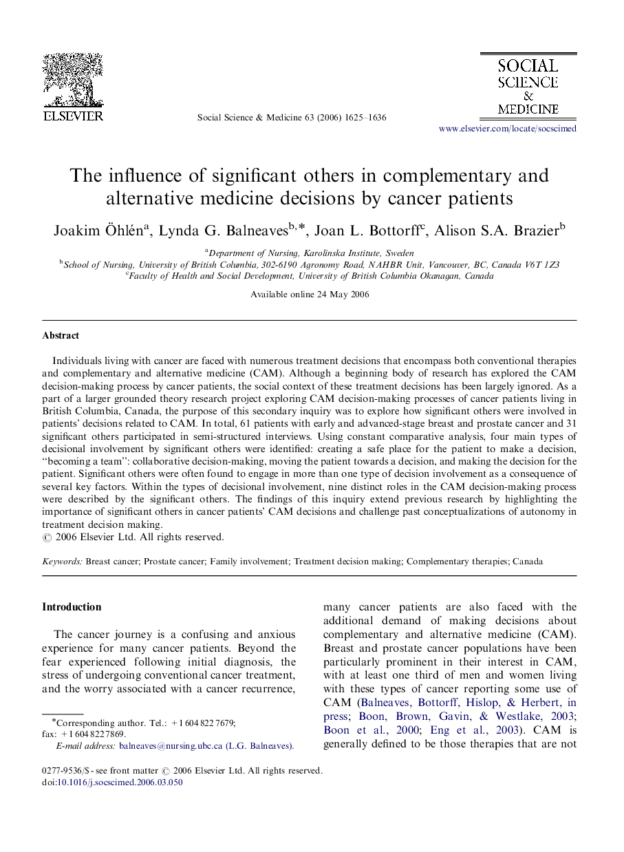 The influence of significant others in complementary and alternative medicine decisions by cancer patients