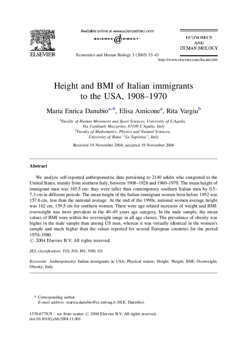 Height and BMI of Italian immigrants to the USA, 1908-1970