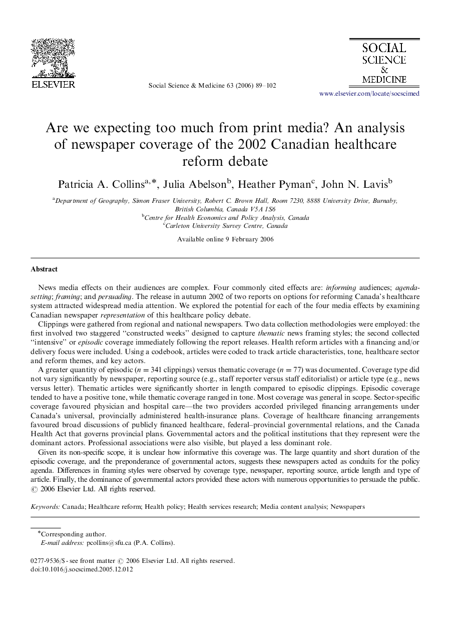 Are we expecting too much from print media? An analysis of newspaper coverage of the 2002 Canadian healthcare reform debate