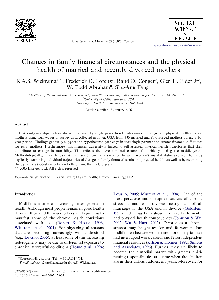 Changes in family financial circumstances and the physical health of married and recently divorced mothers