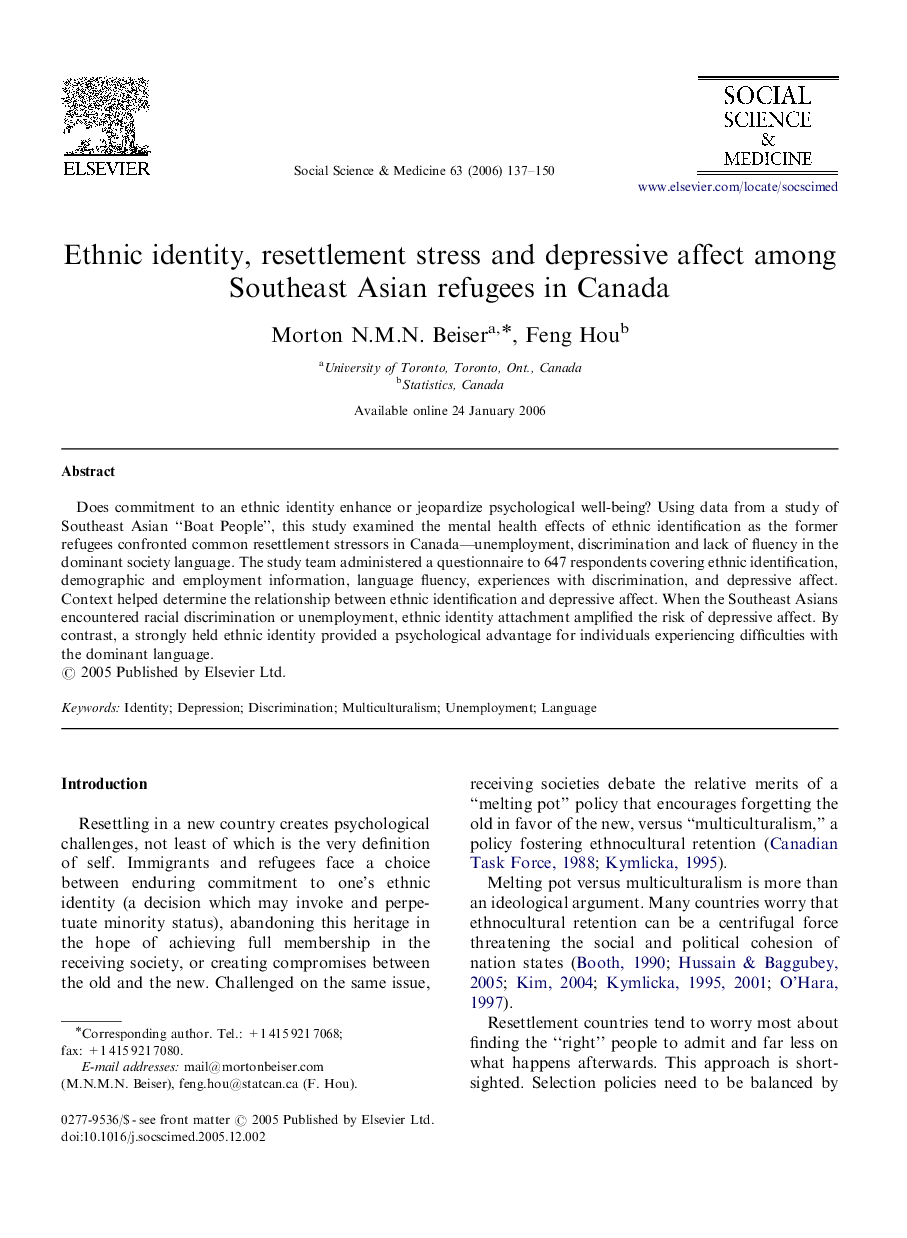 Ethnic identity, resettlement stress and depressive affect among Southeast Asian refugees in Canada