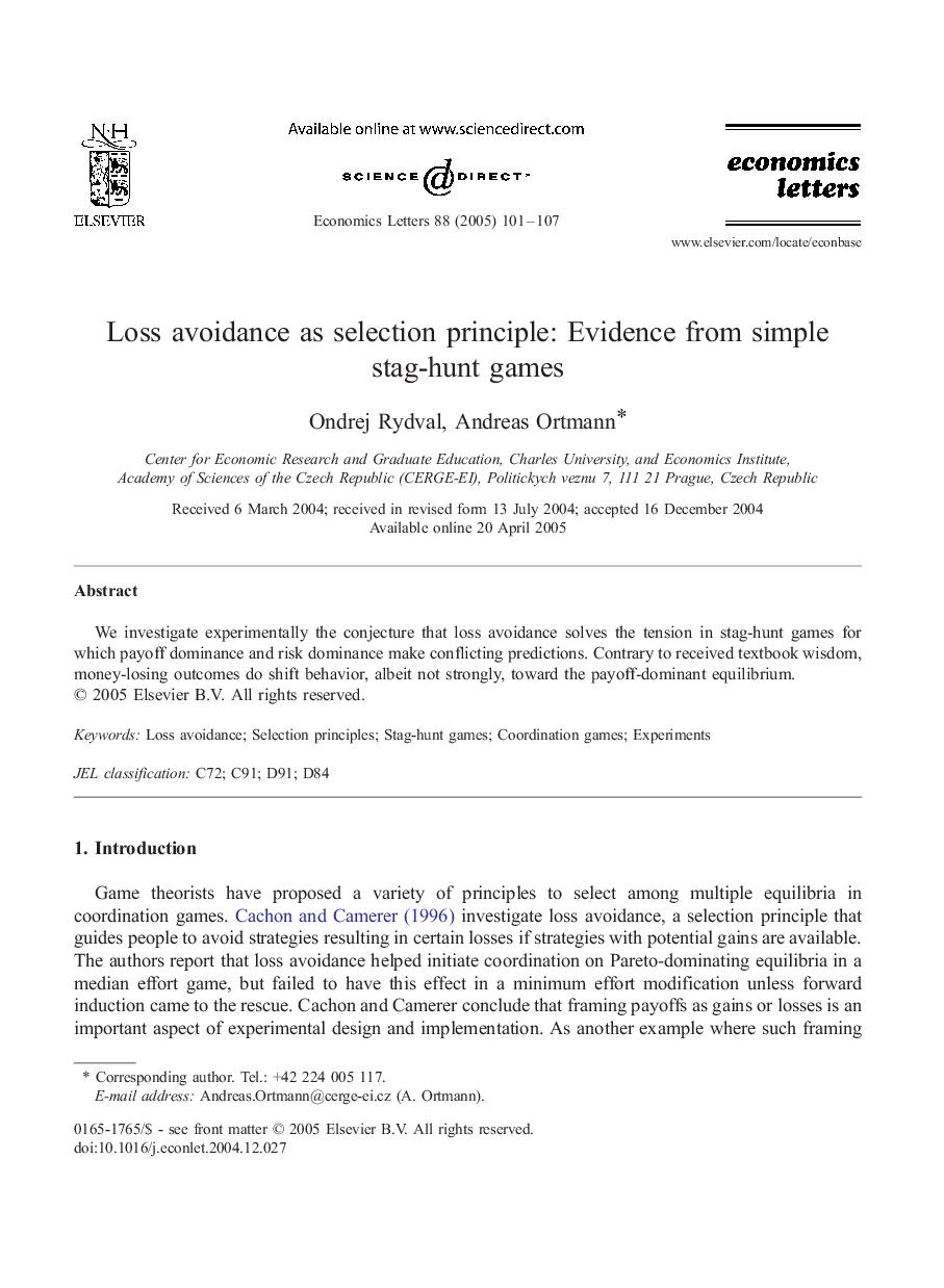 Loss avoidance as selection principle: Evidence from simple stag-hunt games