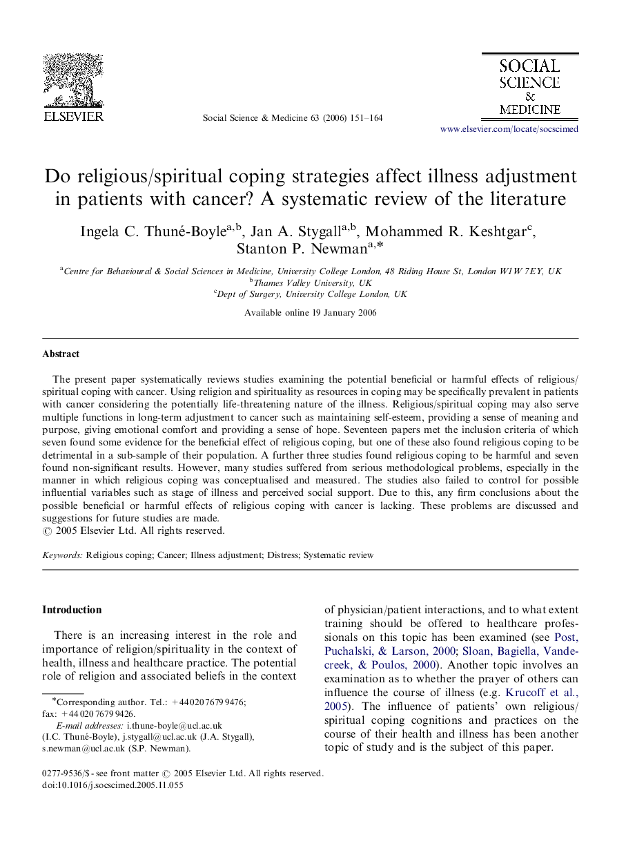 Do religious/spiritual coping strategies affect illness adjustment in patients with cancer? A systematic review of the literature