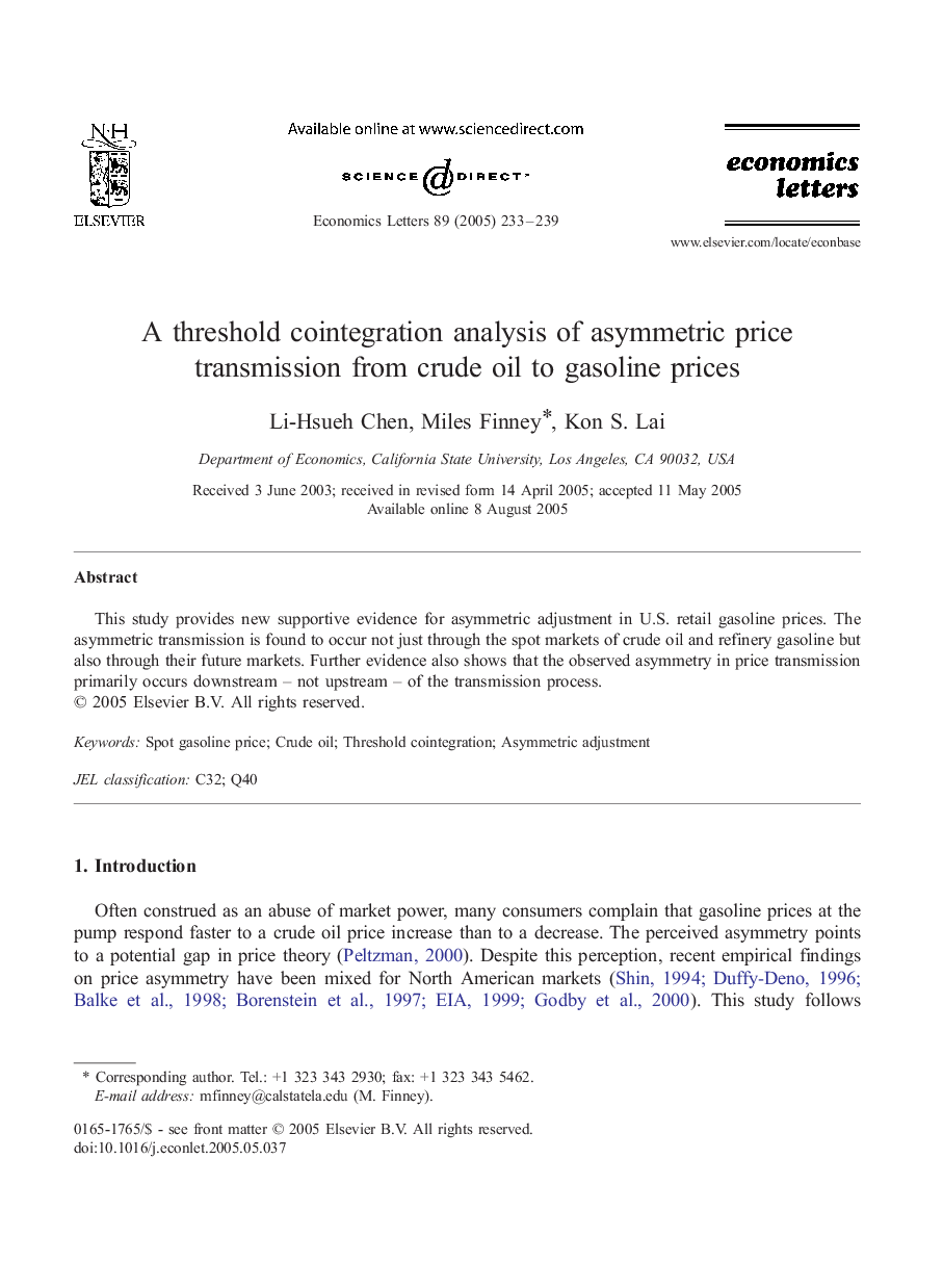 A threshold cointegration analysis of asymmetric price transmission from crude oil to gasoline prices