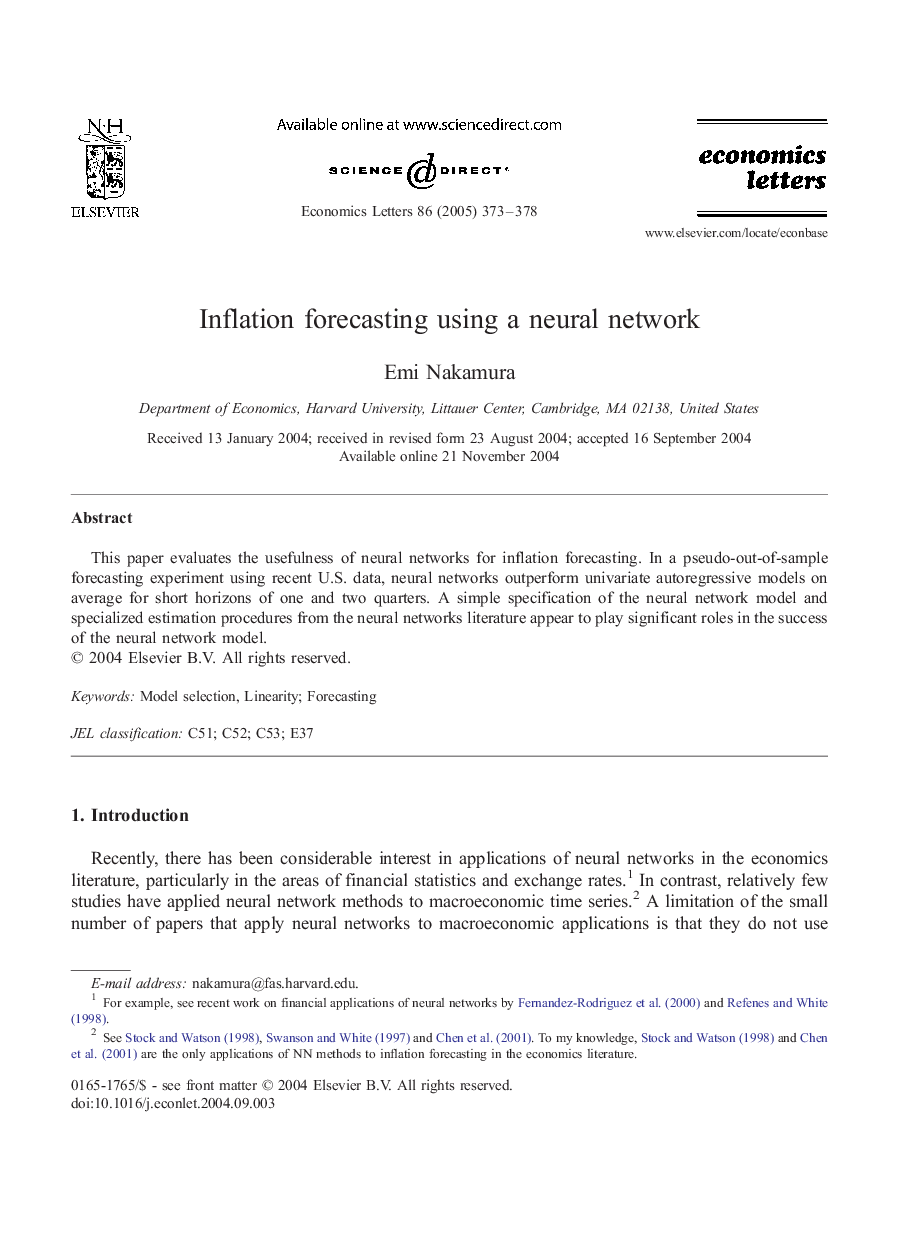 Inflation forecasting using a neural network