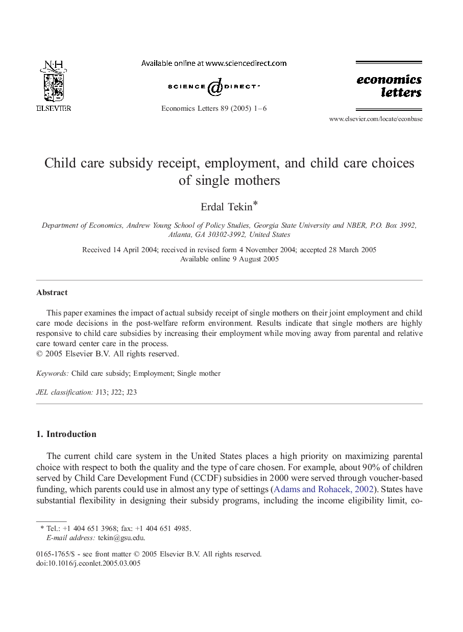 Child care subsidy receipt, employment, and child care choices of single mothers