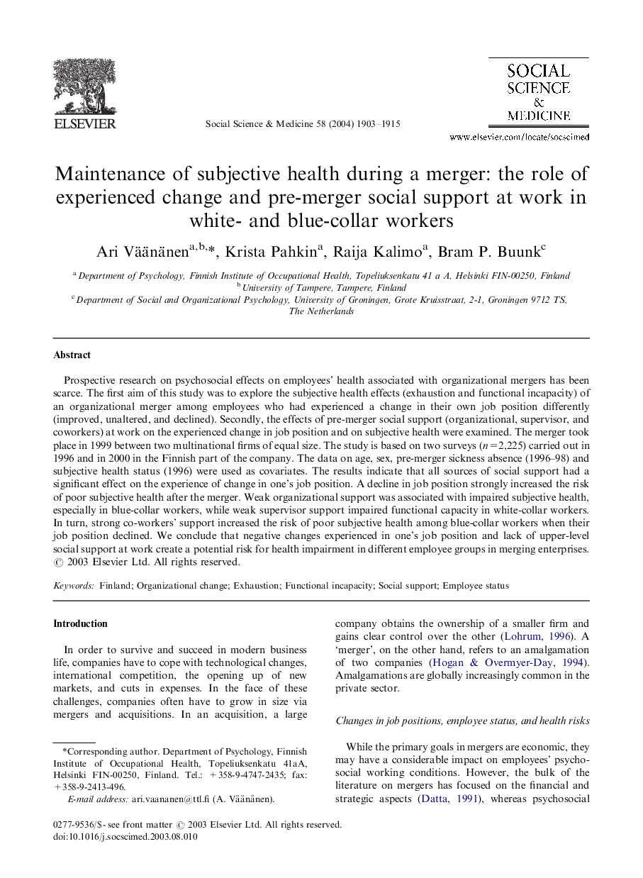 Maintenance of subjective health during a merger: the role of experienced change and pre-merger social support at work in white- and blue-collar workers