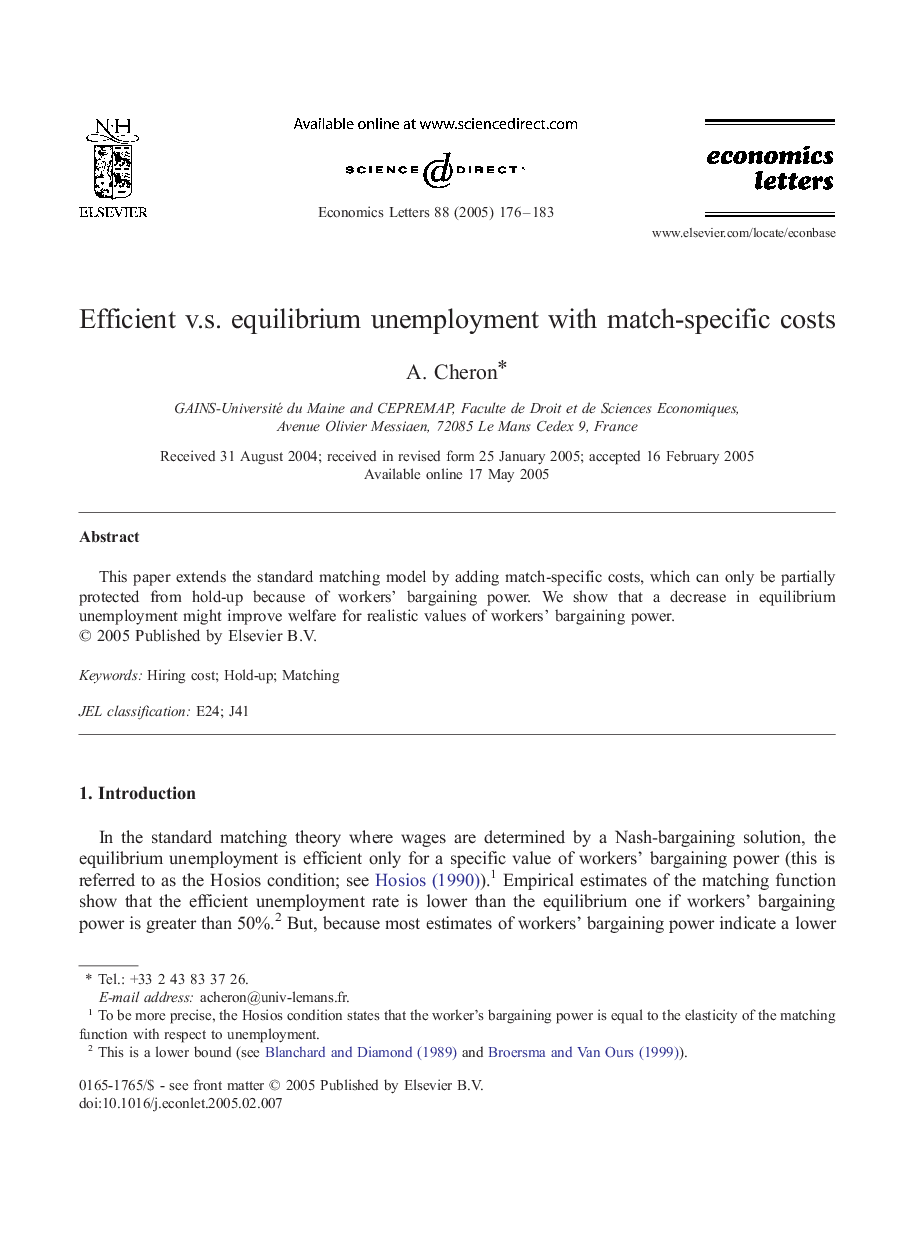 Efficient v.s. equilibrium unemployment with match-specific costs