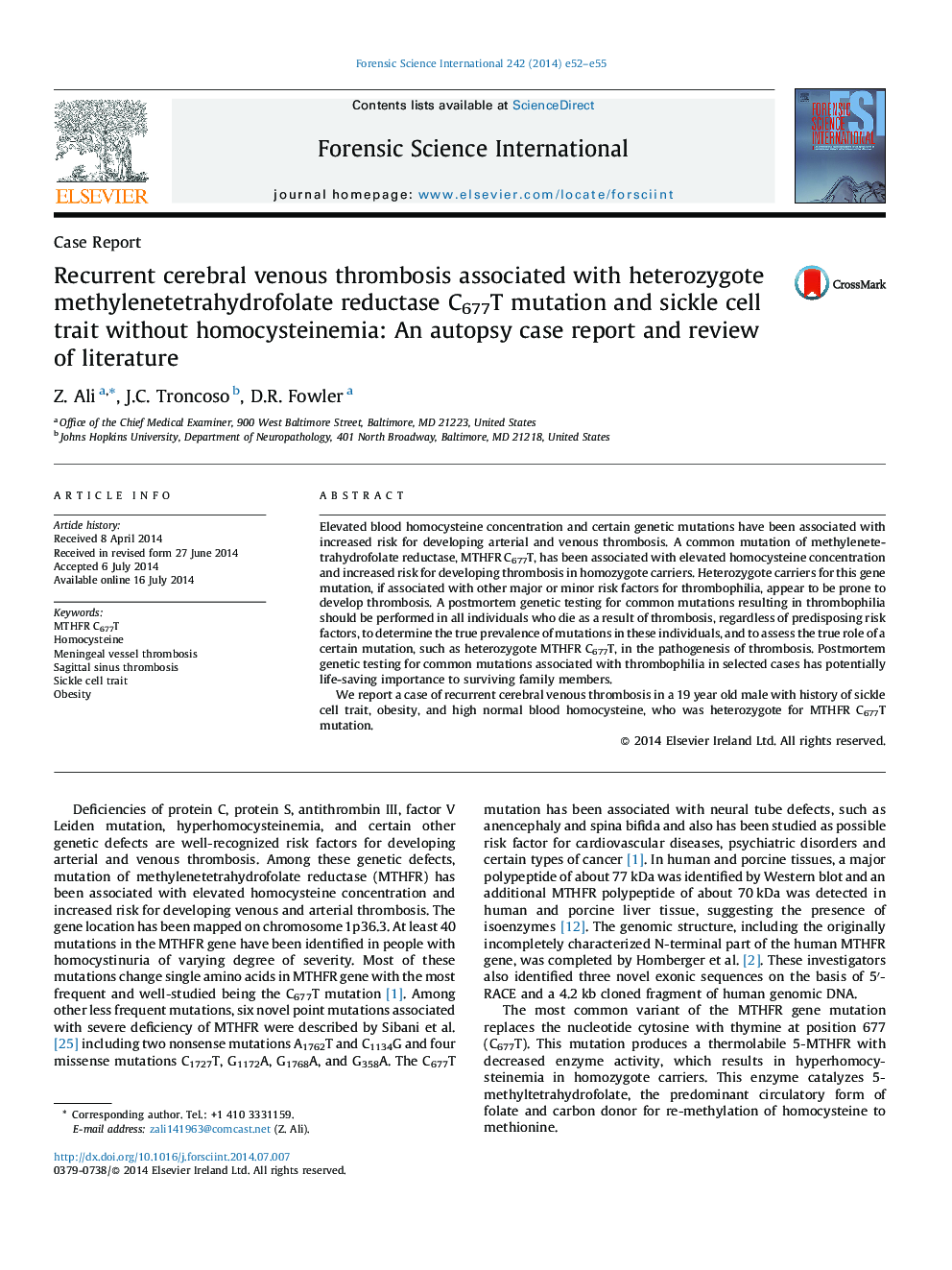 Recurrent cerebral venous thrombosis associated with heterozygote methylenetetrahydrofolate reductase C677T mutation and sickle cell trait without homocysteinemia: An autopsy case report and review of literature