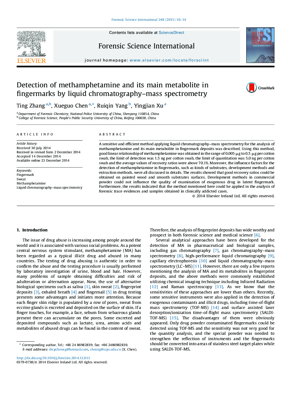 Detection of methamphetamine and its main metabolite in fingermarks by liquid chromatography–mass spectrometry