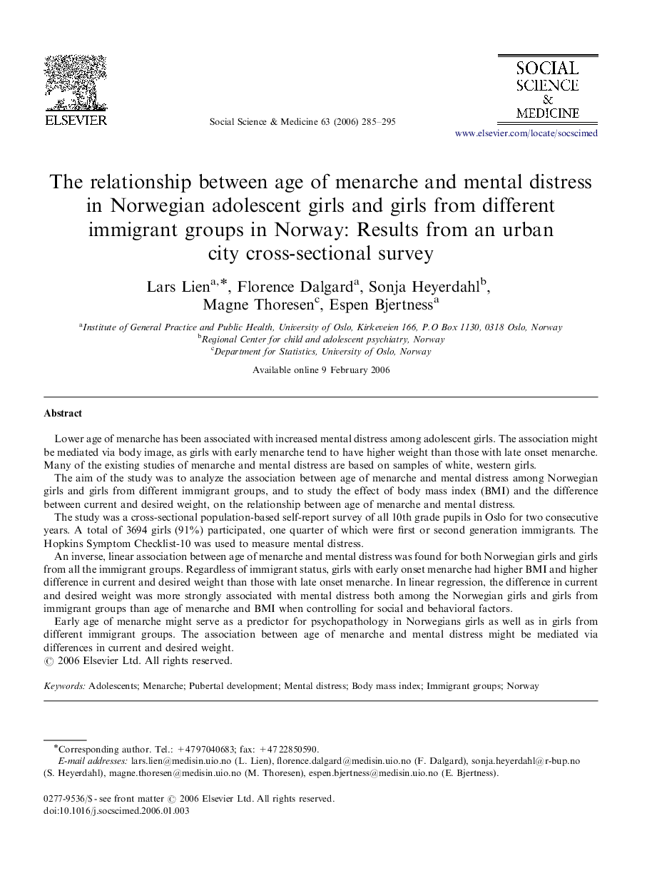 The relationship between age of menarche and mental distress in Norwegian adolescent girls and girls from different immigrant groups in Norway: Results from an urban city cross-sectional survey