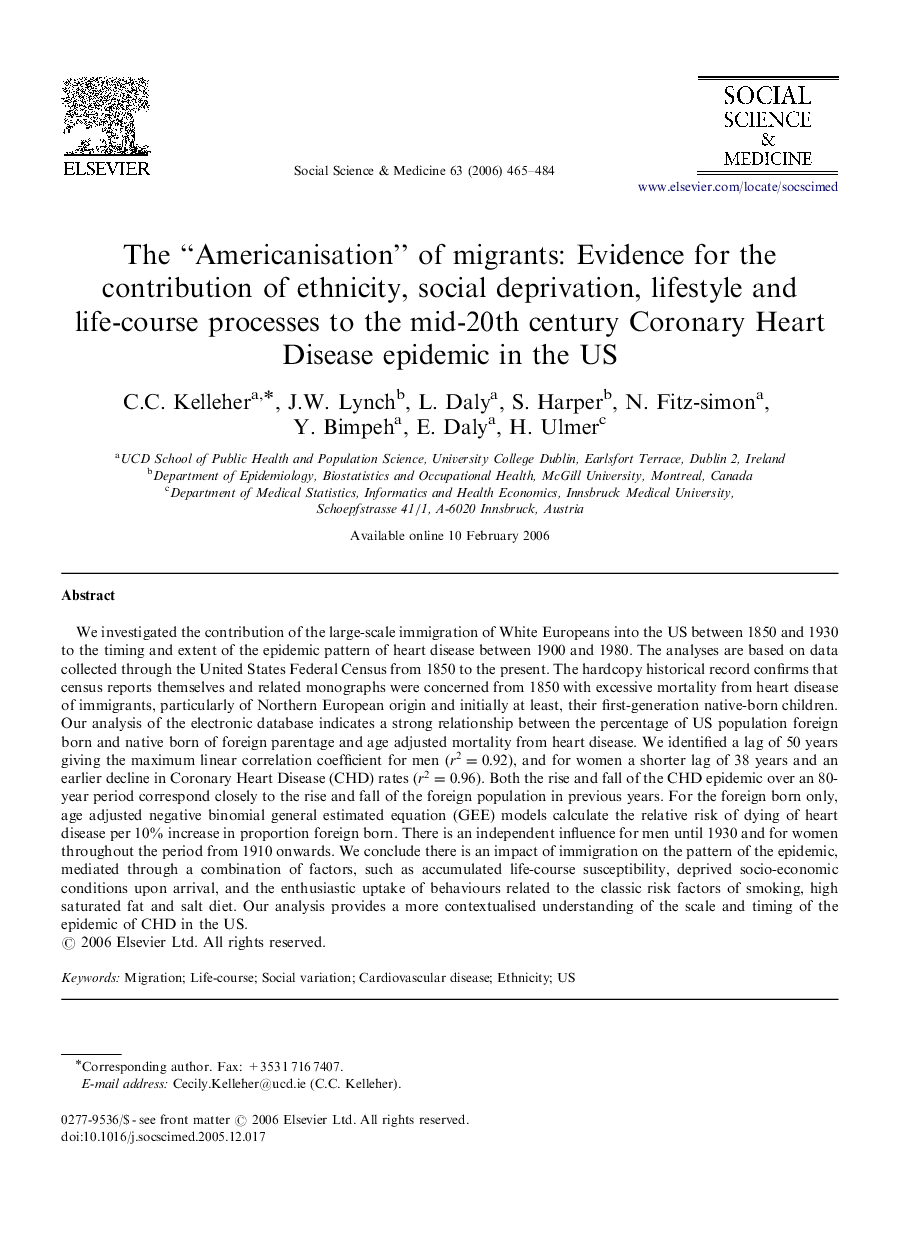 The “Americanisation” of migrants: Evidence for the contribution of ethnicity, social deprivation, lifestyle and life-course processes to the mid-20th century Coronary Heart Disease epidemic in the US