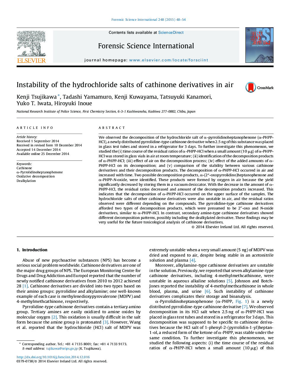 Instability of the hydrochloride salts of cathinone derivatives in air