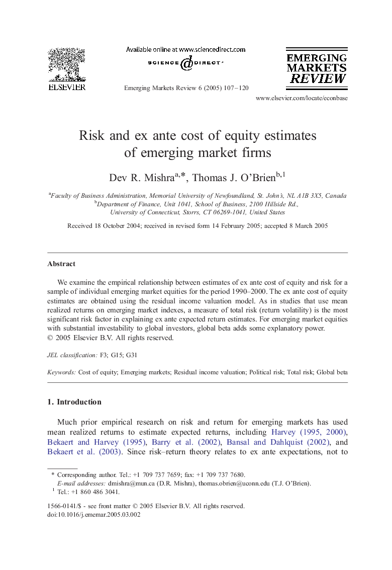 Risk and ex ante cost of equity estimates of emerging market firms