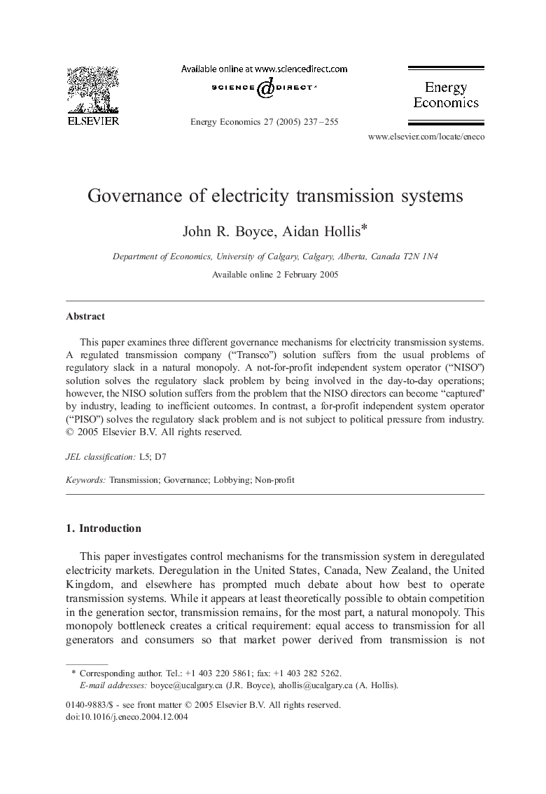 Governance of electricity transmission systems