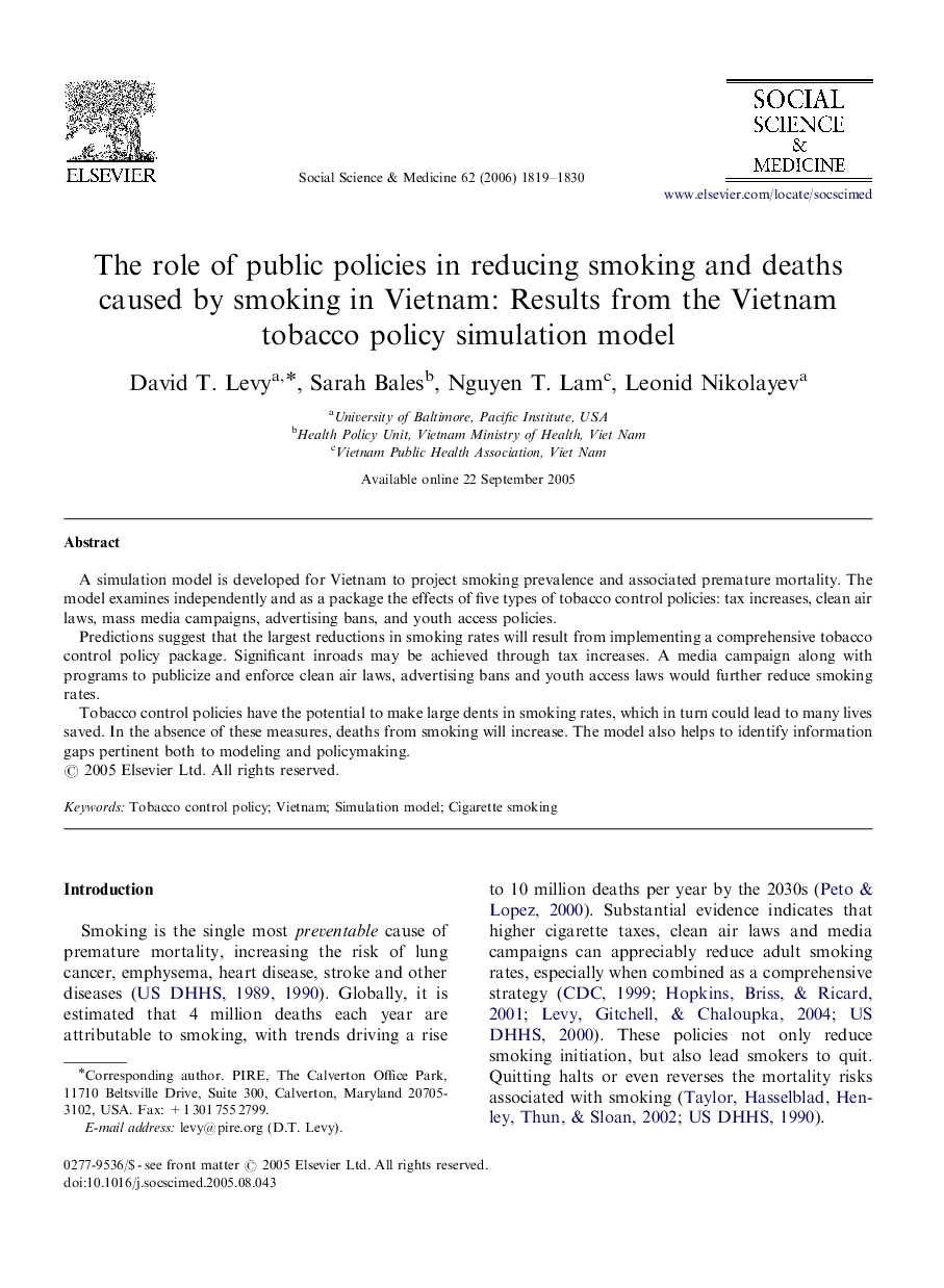 The role of public policies in reducing smoking and deaths caused by smoking in Vietnam: Results from the Vietnam tobacco policy simulation model