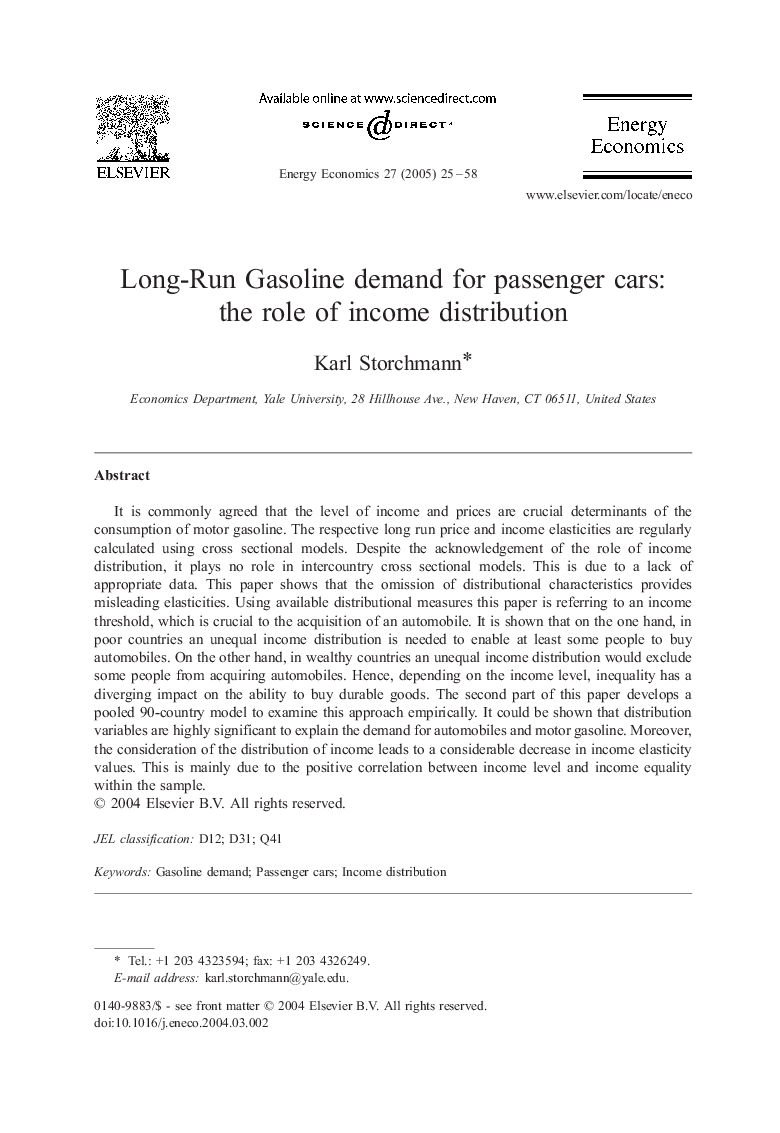 Long-Run Gasoline demand for passenger cars: the role of income distribution