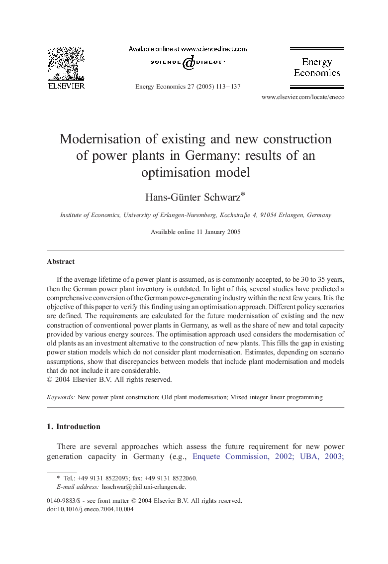 Modernisation of existing and new construction of power plants in Germany: results of an optimisation model