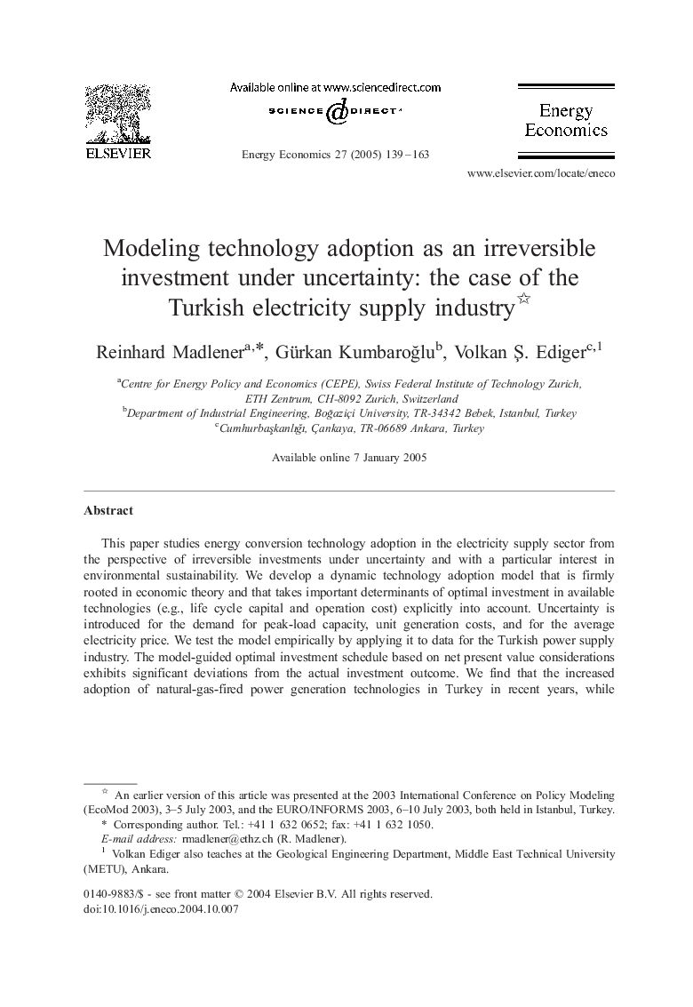 Modeling technology adoption as an irreversible investment under uncertainty: the case of the Turkish electricity supply industry