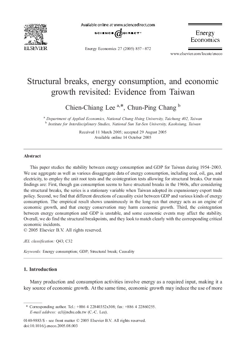 Structural breaks, energy consumption, and economic growth revisited: Evidence from Taiwan