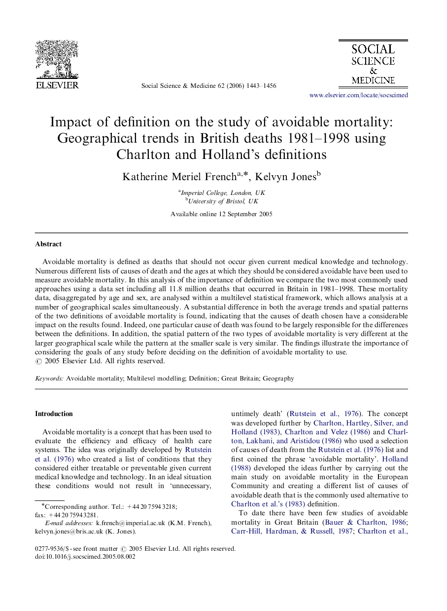 Impact of definition on the study of avoidable mortality: Geographical trends in British deaths 1981–1998 using Charlton and Holland's definitions