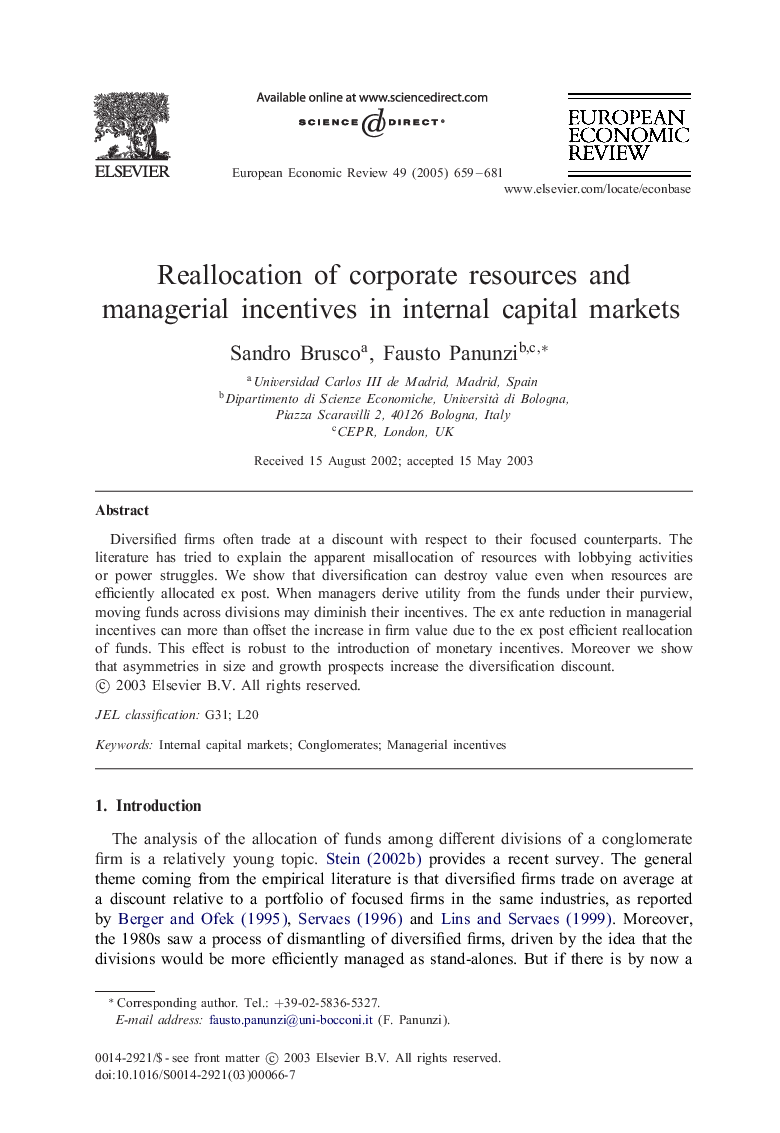 Reallocation of corporate resources and managerial incentives in internal capital markets