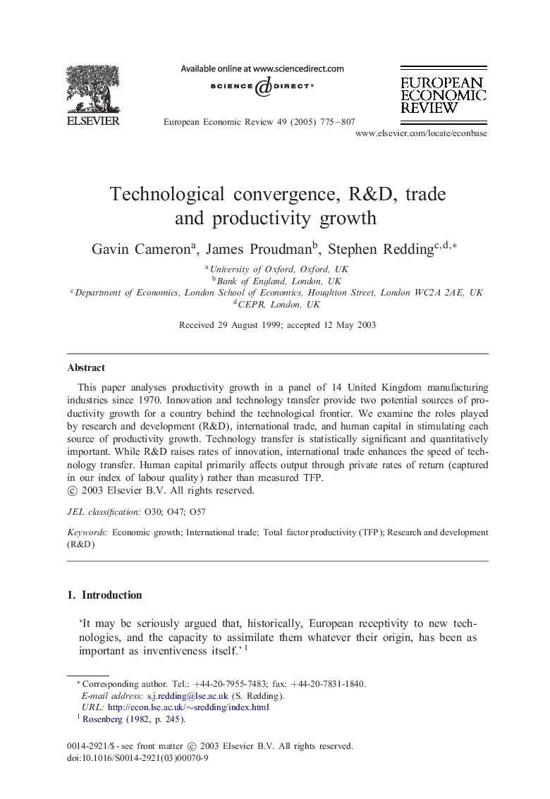 Technological convergence, R&D, trade and productivity growth