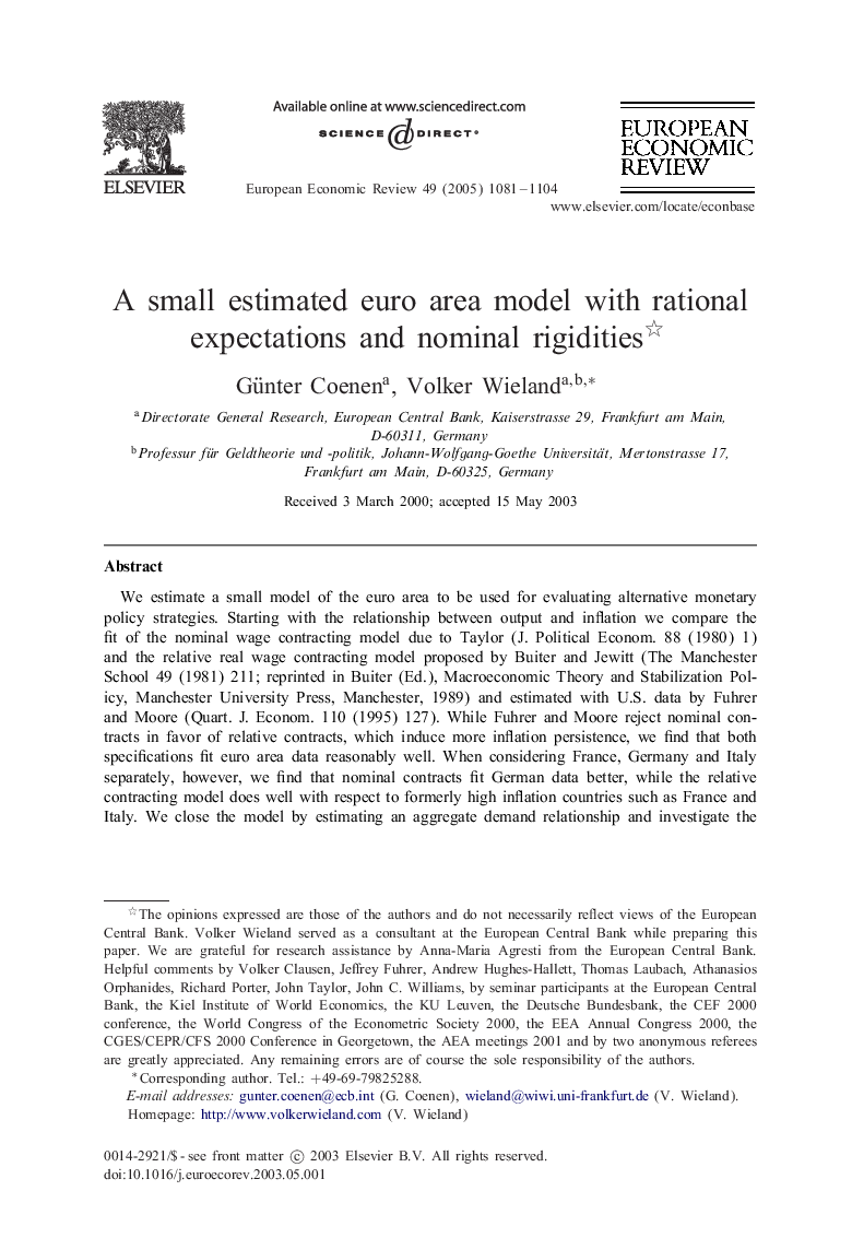 A small estimated euro area model with rational expectations and nominal rigidities