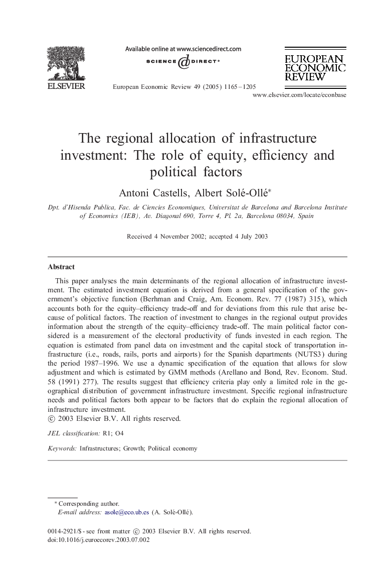 The regional allocation of infrastructure investment: The role of equity, efficiency and political factors