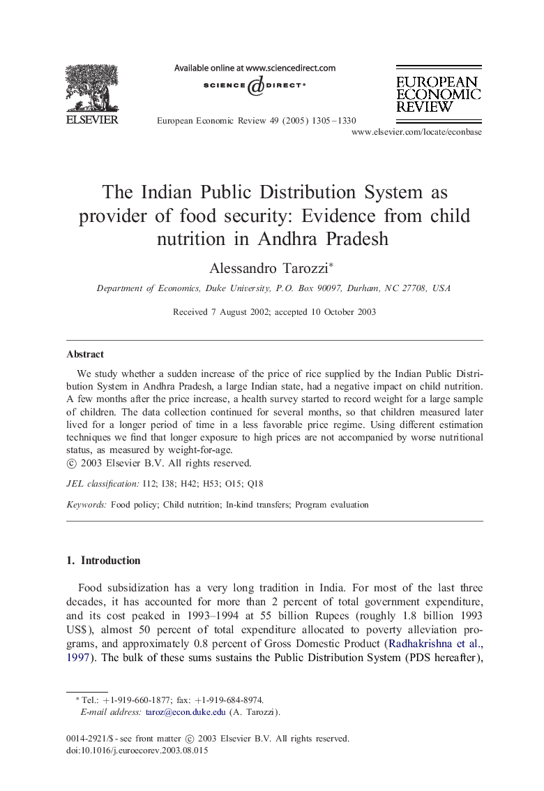 The Indian Public Distribution System as provider of food security: Evidence from child nutrition in Andhra Pradesh