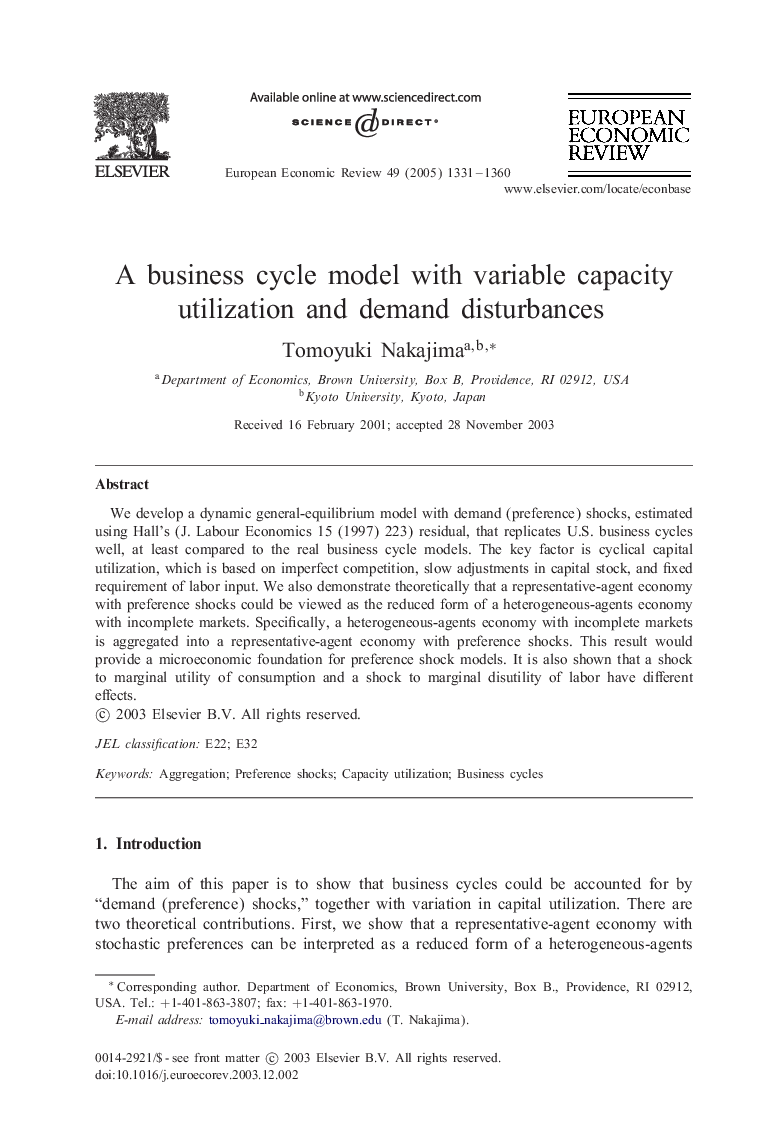 A business cycle model with variable capacity utilization and demand disturbances