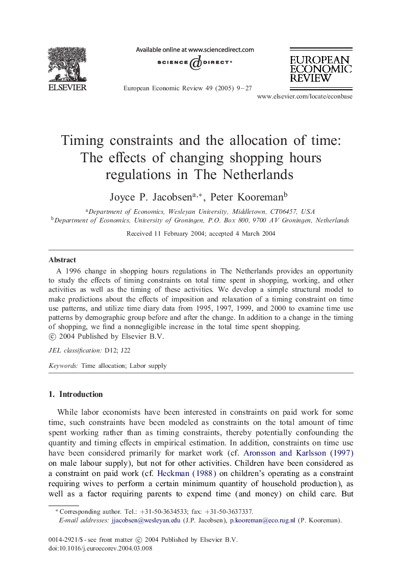 Timing constraints and the allocation of time: The effects of changing shopping hours regulations in The Netherlands