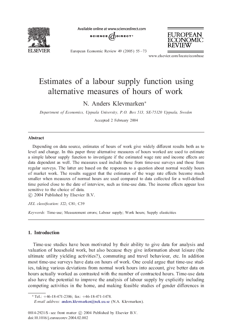 Estimates of a labour supply function using alternative measures of hours of work