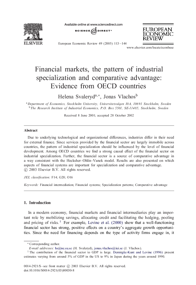 Financial markets, the pattern of industrial specialization and comparative advantage: Evidence from OECD countries