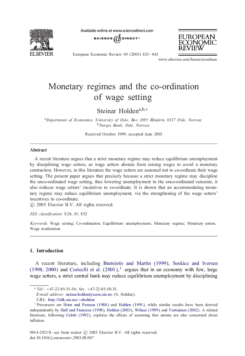 Monetary regimes and the co-ordination of wage setting
